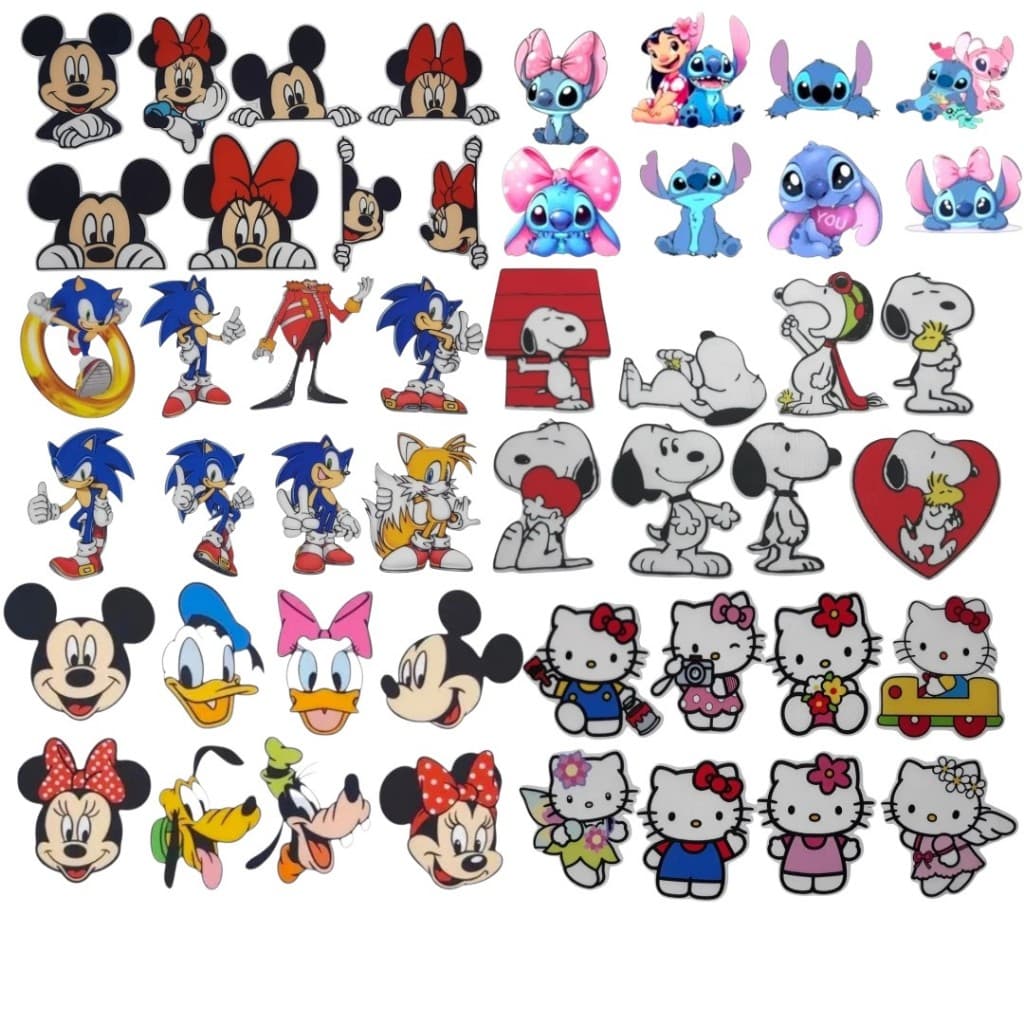 Kit 8 Apliques DTF Termocolantes Hello Kitty Snoopy Mickey stitch Estampa Tecido Roupa Mochila Personalização  Infantil