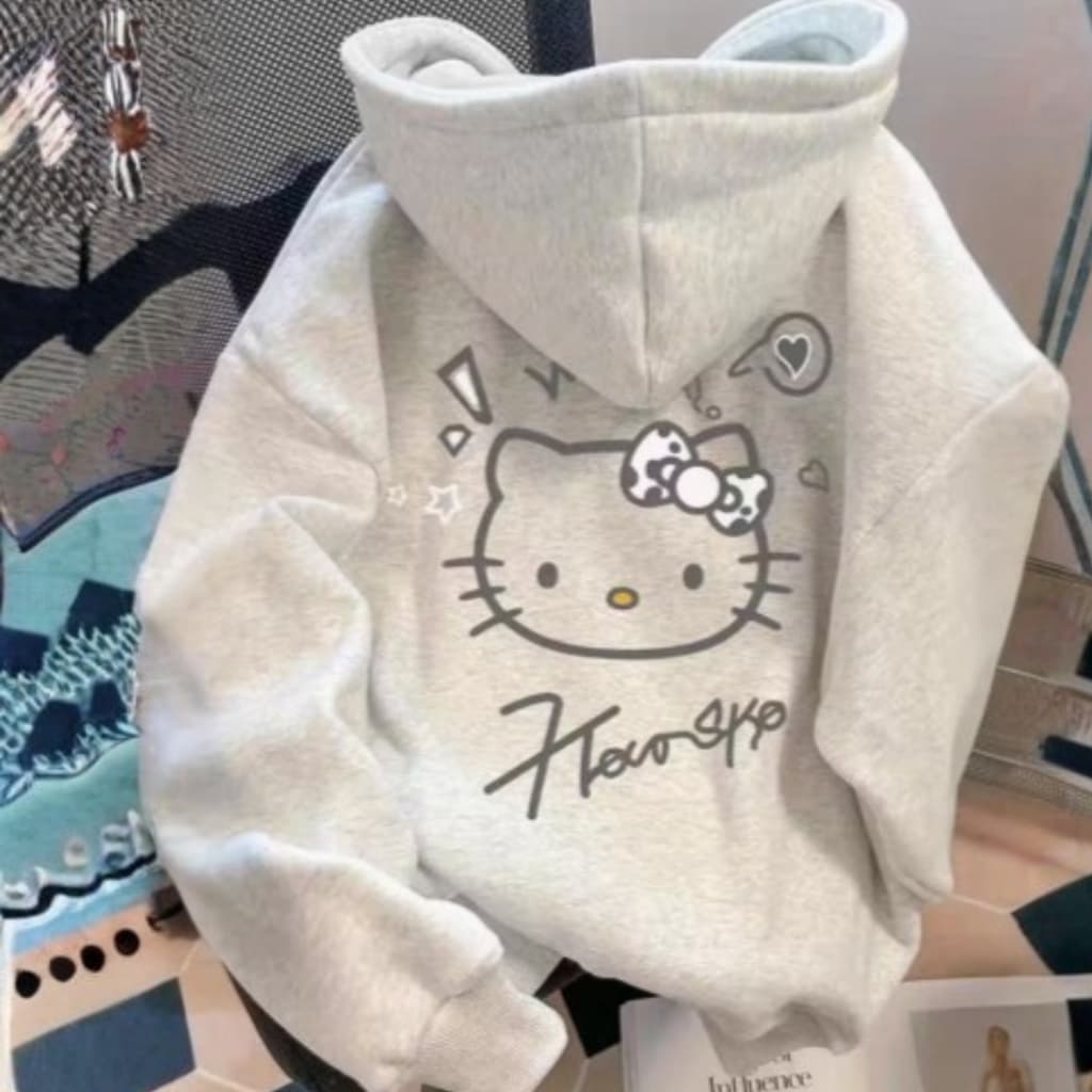 Blusa de Moletom Gatinha Cute Love Fofa Quentinha Feminina Ajustável Y2k