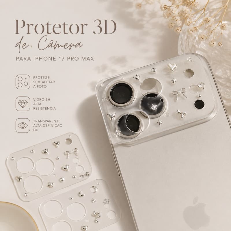 Protetor 3D de Câmera para iPhone 17 Pro Max e 17 Pro | Filme de Lente HD Transparente com Pingentes Decorativos/