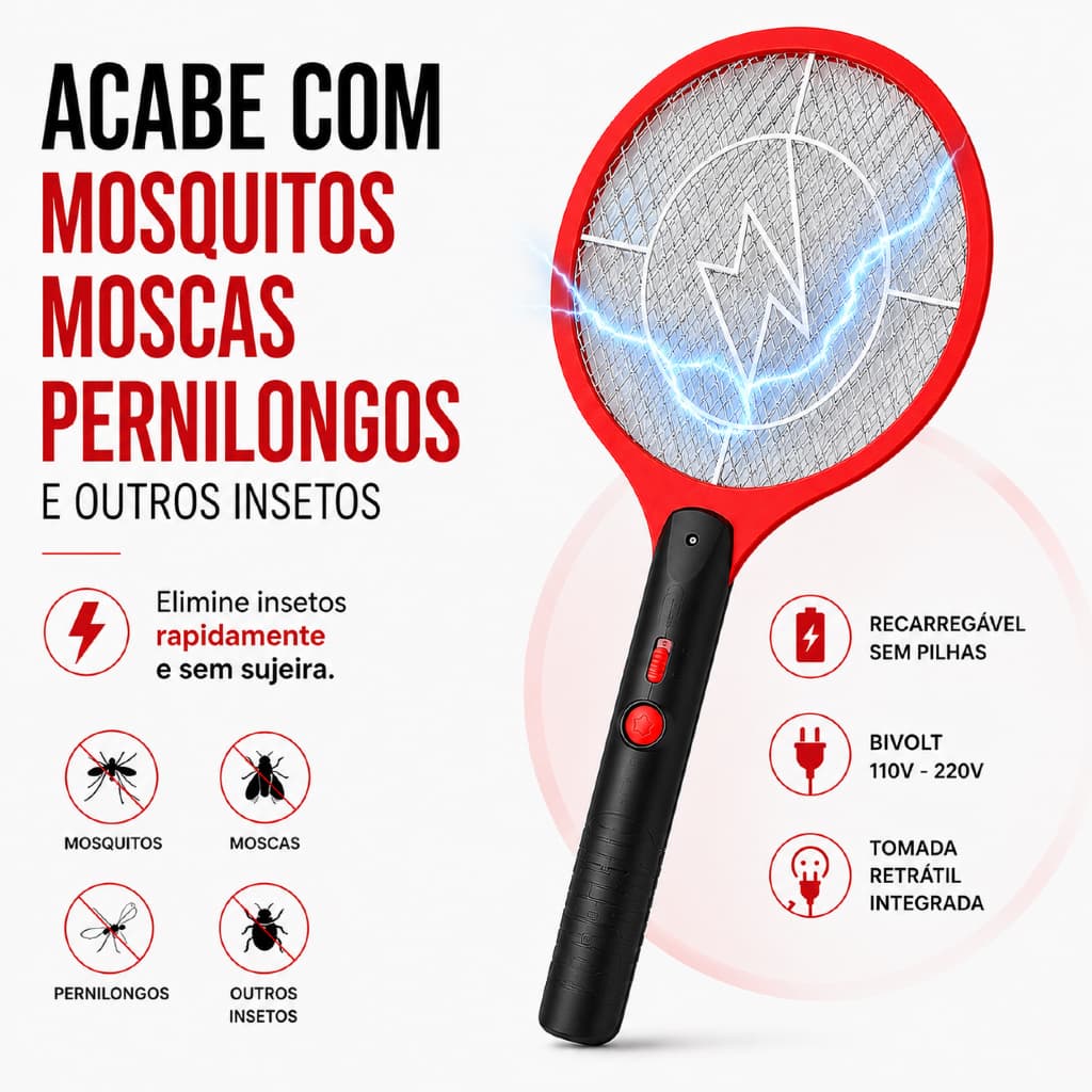 Raquete Elétrica Mata Mosquito Recarregável Bivolt 110V 220V Mata Moscas Pernilongo Mosquitos da Dengue Insetos Voadores