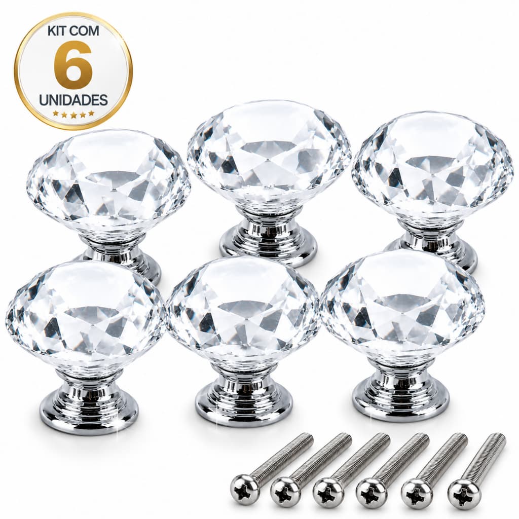 KIT 6 PUXADOR CRISTAL PARA ARMARIO GAVETA  MOVEIS 30MM