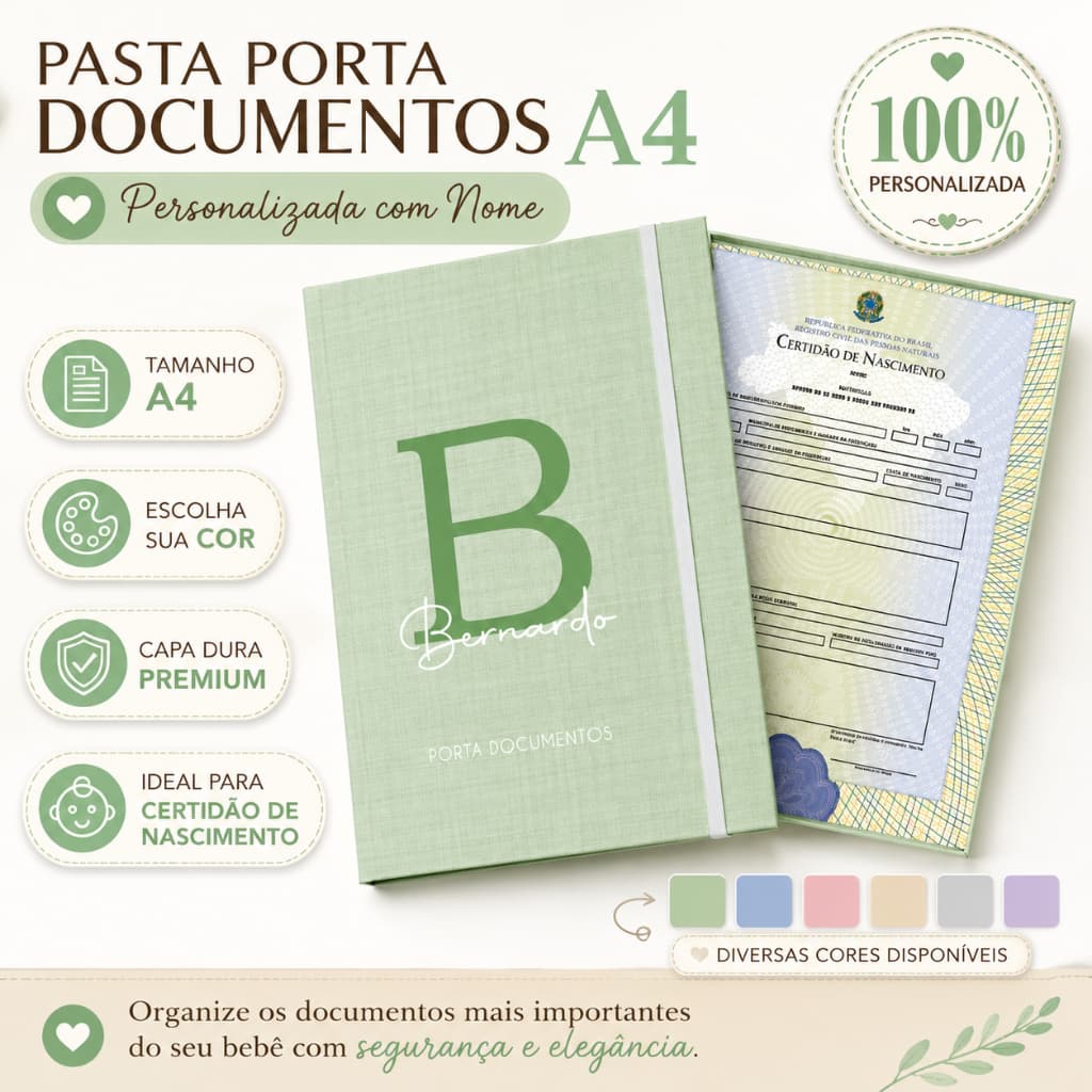 Pasta Porta Documentos Personalizada A4 com Nome | Certidão de Nascimento | Organizador de Documentos Bebê Infantil