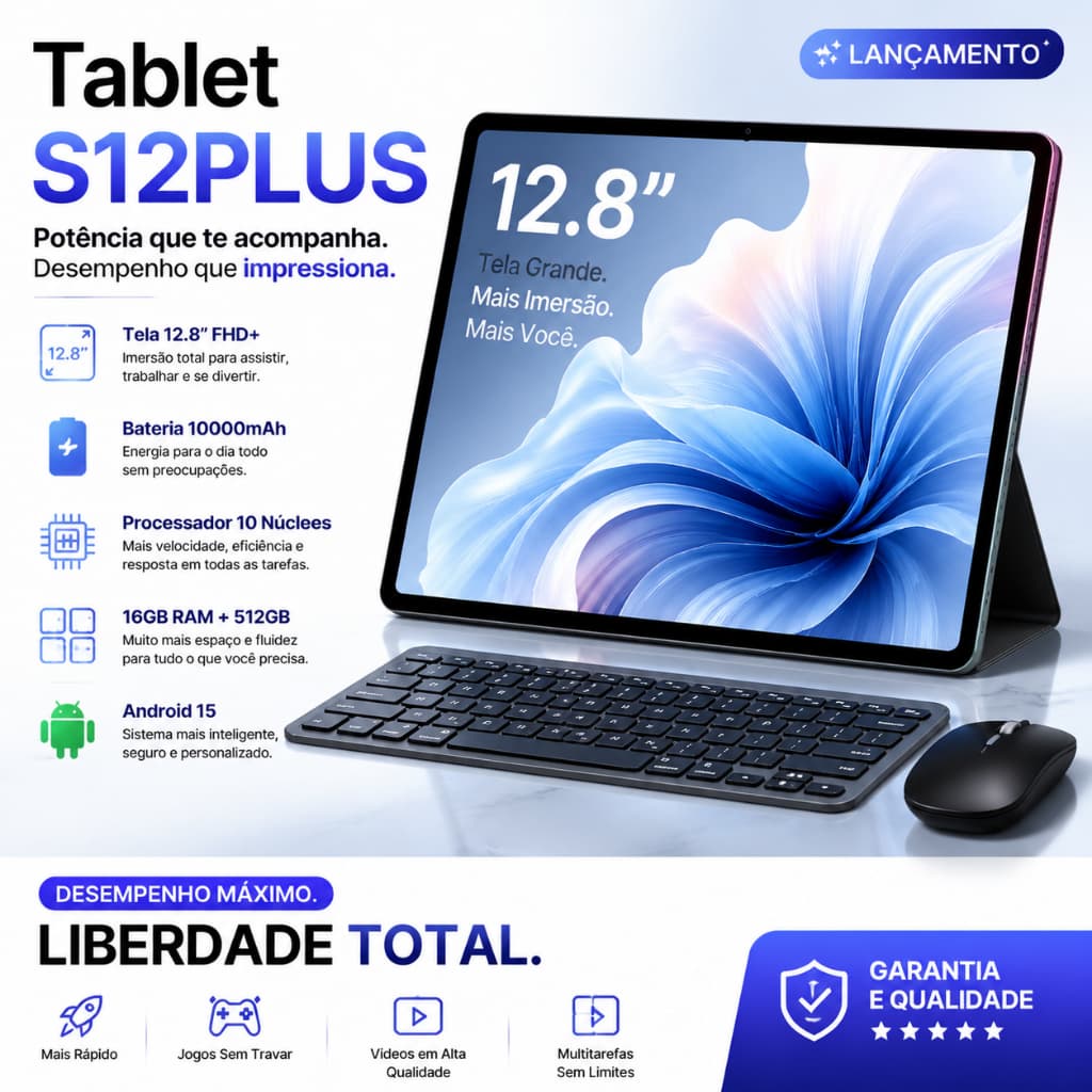 Combo with Keyboard and Mouse Tablet S12 Plus - 12.8" inch 16GB + 512GB Android 15 10000mAh Ideal for Studies and Games