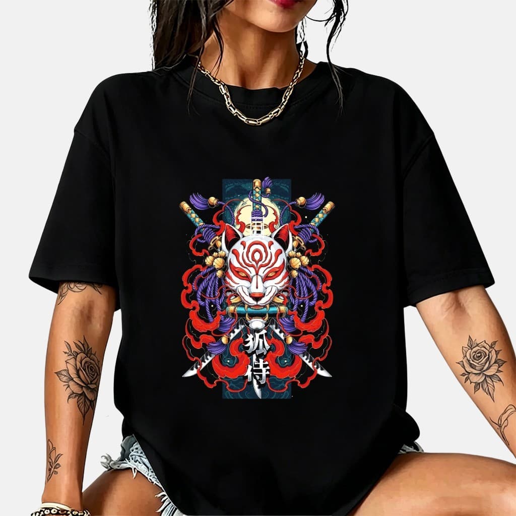 Camiseta Feminina Oversized 100% Algodão Estampa Japonesa Kitsune Samurai Cor Preto