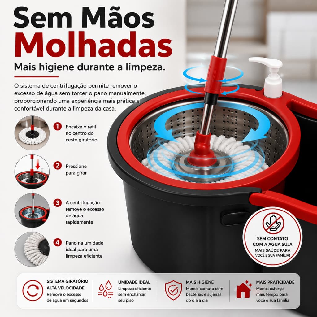 Mop Giratório 360° Balde com Roda Esfregão Microfibra 1 Refil Limpeza Doméstica