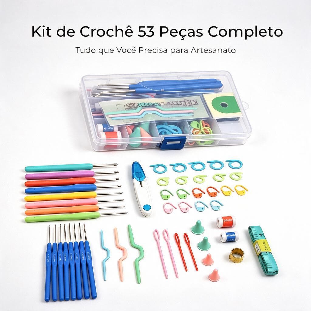 Kit Crochê Completo 53 Peças Agulhas Cabo Ergonômico Para Amigurumi Com Tesoura Fita Métrica Marcadores Estojo Organizad
