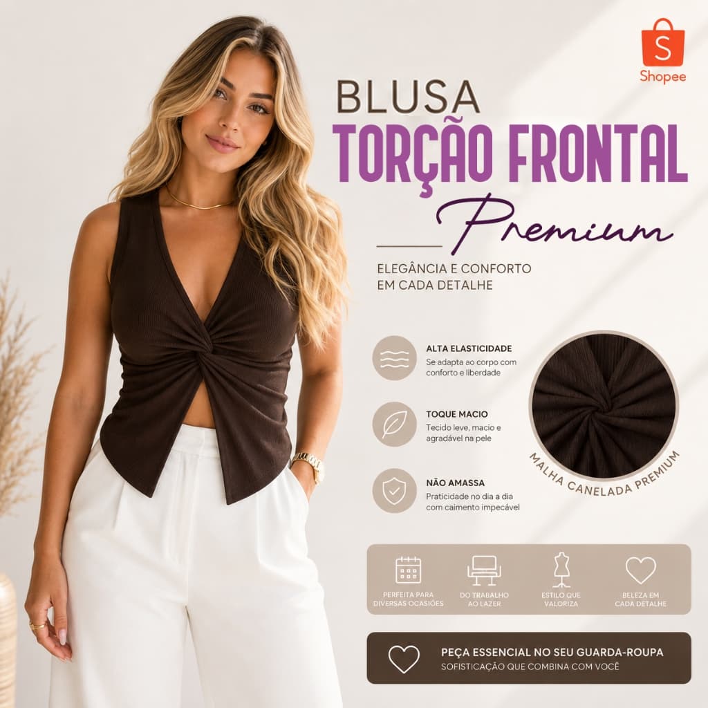 Regata Canelada Premium Feminina Torção Frontal Blusa Decote em V Blusinha Verão Mulher Casual