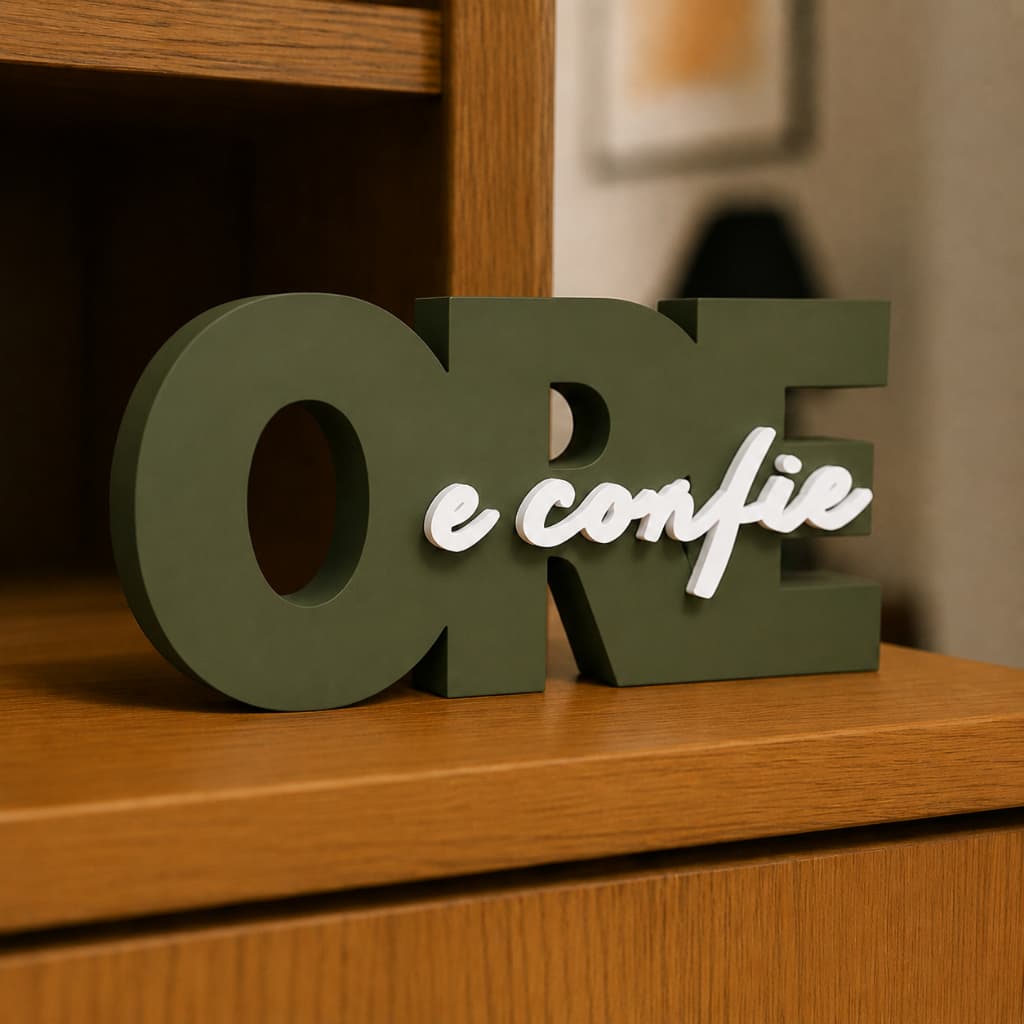 Enfeite Decorativo 3D "Ore e Confie" – Letreiro de Mesa Moderno e Delicado