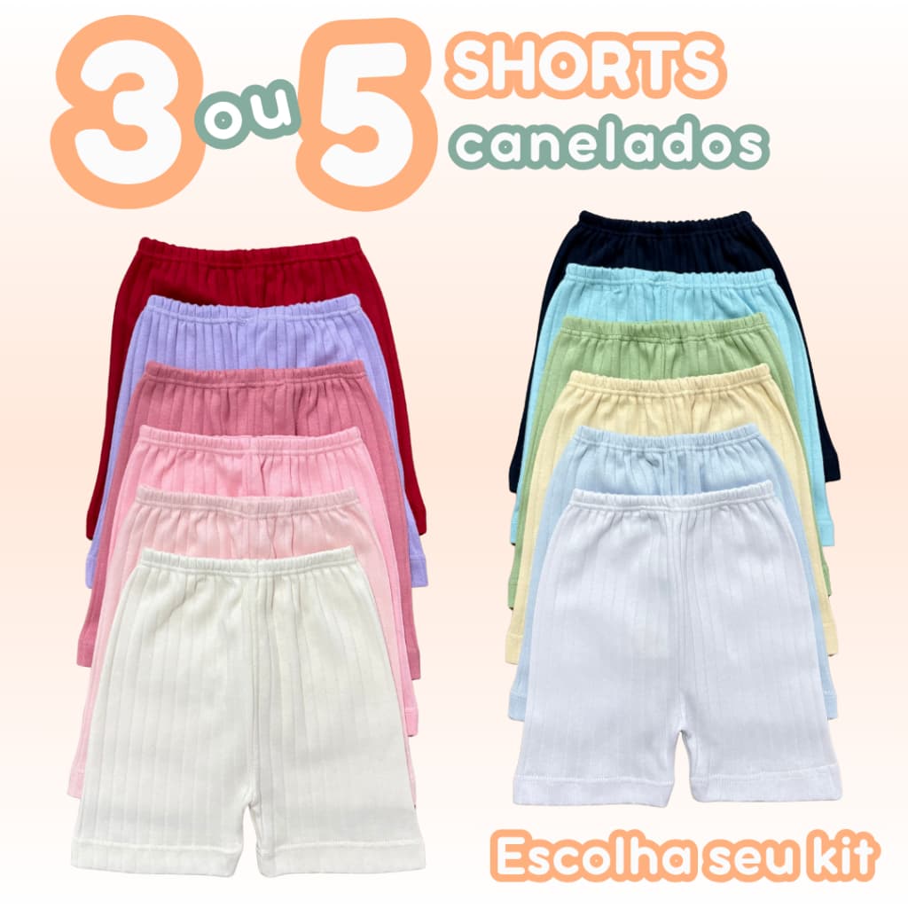 Kit 3 ou 5 Peças Short Bebê 100% Algodão Canelado Comfort Premium Verão Cores Feminino Masculino Unissex Zuraffa Baby