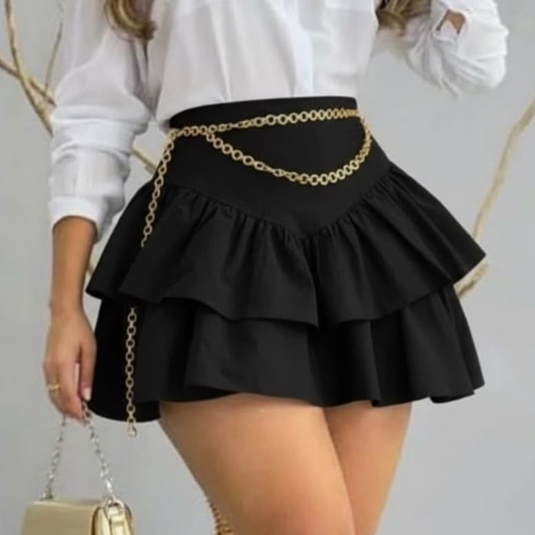 Saia Feminina Curta com Babados em Camadas Cintura Alta e Zíper Lateral Promoção Verão/Inverno Moda Gringa Tendência