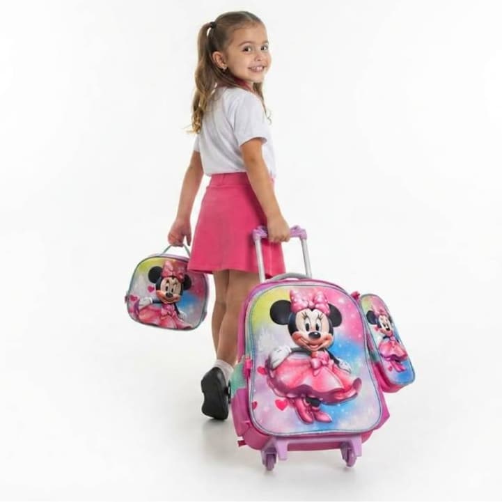 Kit Mochila Infantil Escolar 3D Com Rodinhas Minnie Menina + Lancheira Termica + Estojo