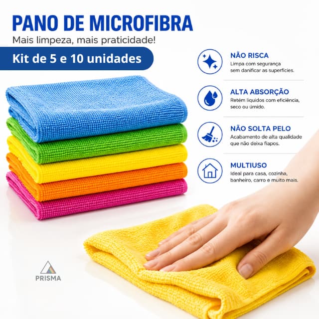 Kits 5 e 10 Panos de Limpeza Multiuso - Macio Não Risca  Vidro | Carro | Móveis | 25x25cm