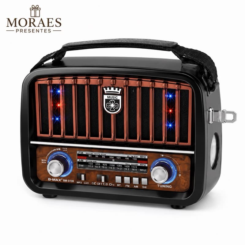 Rádio Vintage BM-S108 com Bluetooth, FM/AM/SW, USB, SD, TF, bateria recarregável e lanterna integrada.