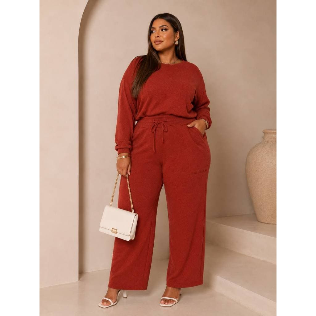 Conjunto Feminino Plus Size Terracota Canelado Manga Longa Calça Pantalona Com Bolsos