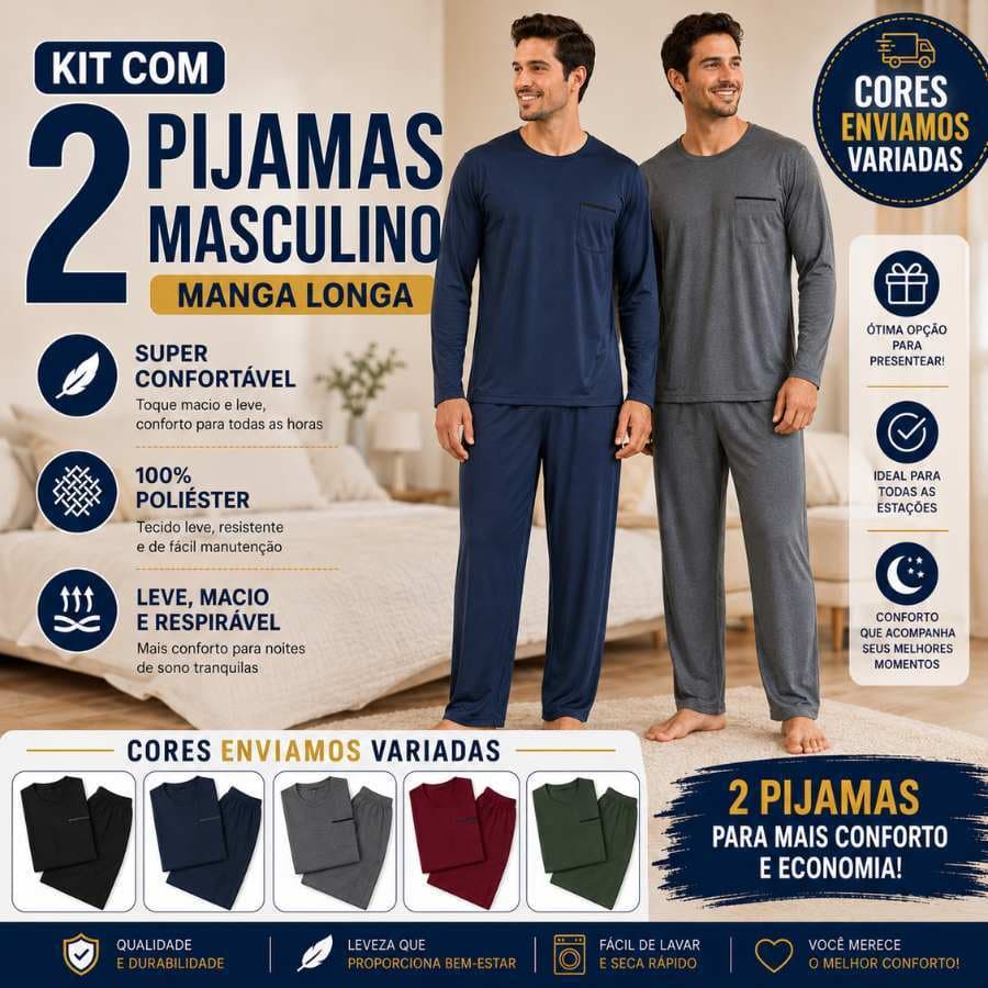 Kit com 2 Pijamas Masculino Manga Longa  Calça em Malha Confortavel Inverno moda masculina