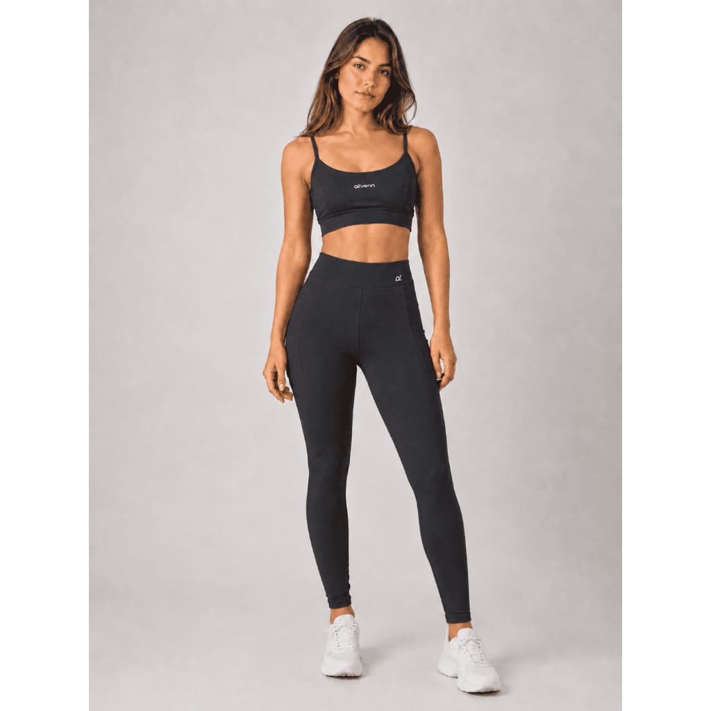 Conjunto Fitness Feminino Academia Top Alça Cropped Compressão Sem Transparência + Calça Legging Cintura Alta Bolso