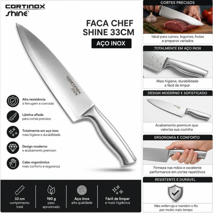 Faca Profissional Aço Inox 33 Cm Corte Preciso Chef Cozinha