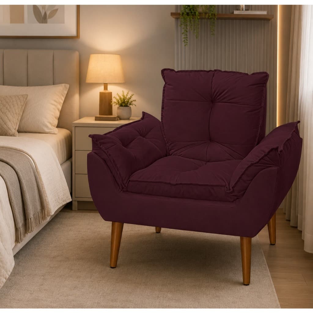 Poltrona Suede Bordô Sala Quarto Salão Consultório Recepção Conforto Luxo Decorativa Pousada Resistente Com Fibra Silico