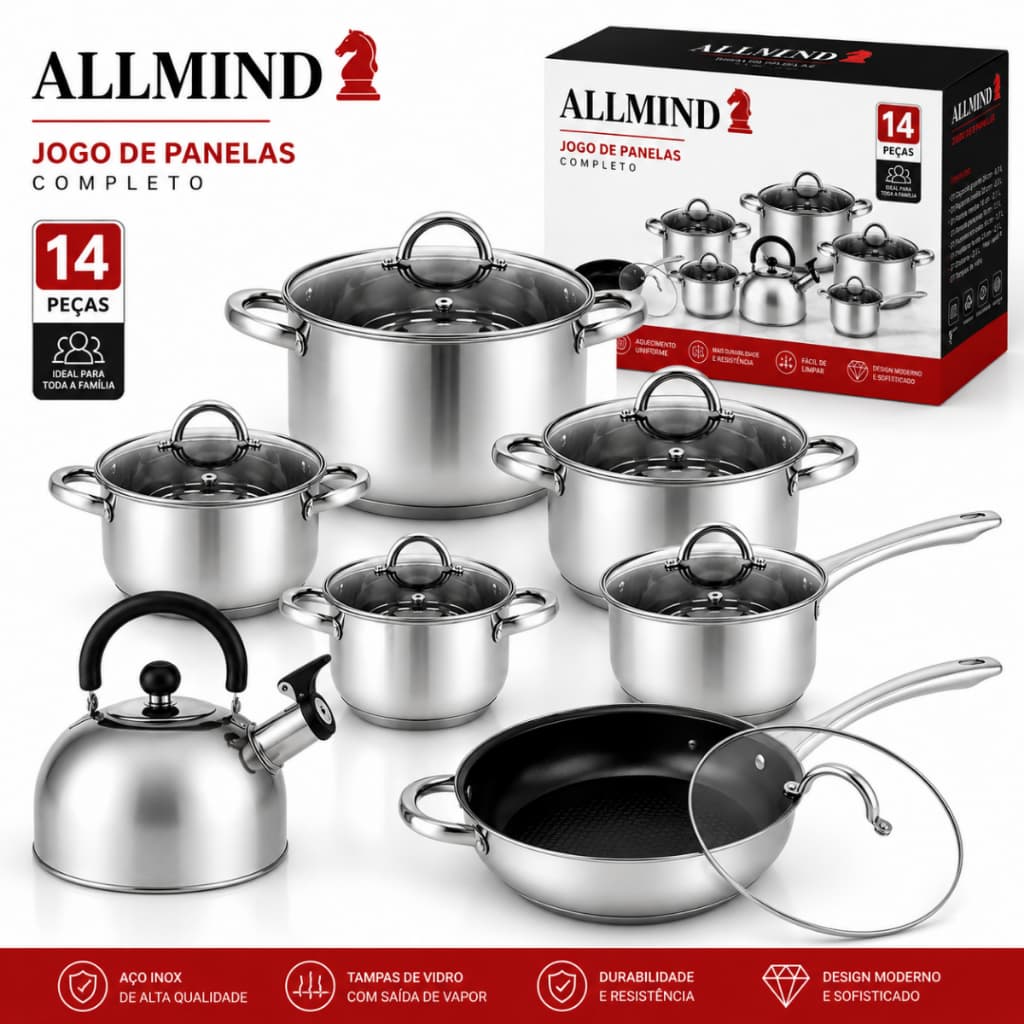 Jogo de Panelas Aço Inox 14 Peças Alta Durabilidade para Todas as Receitas