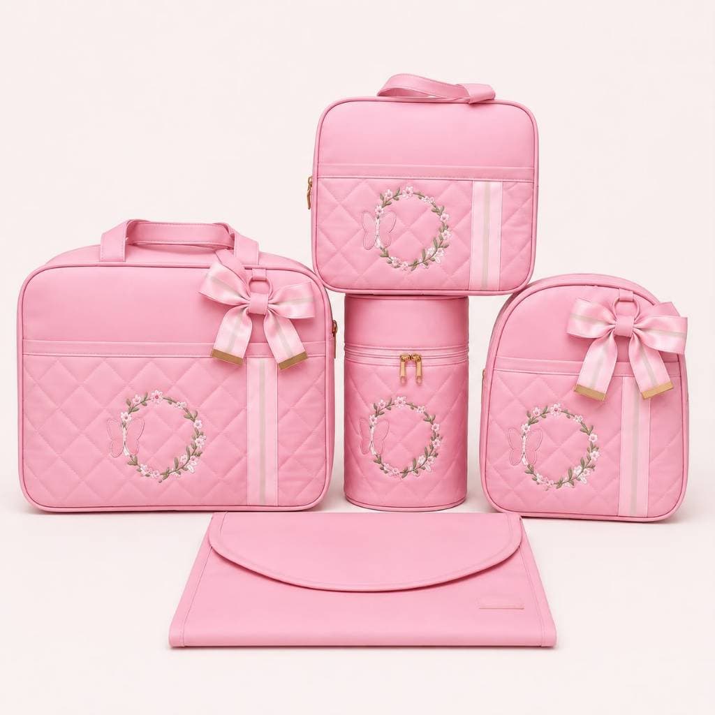 Kit Bolsa Maternidade 5 Bolsas Premium - Bolsa Grande + Mochila + Bolsa pequena + Porta mamadeira e Trocador Impermeável