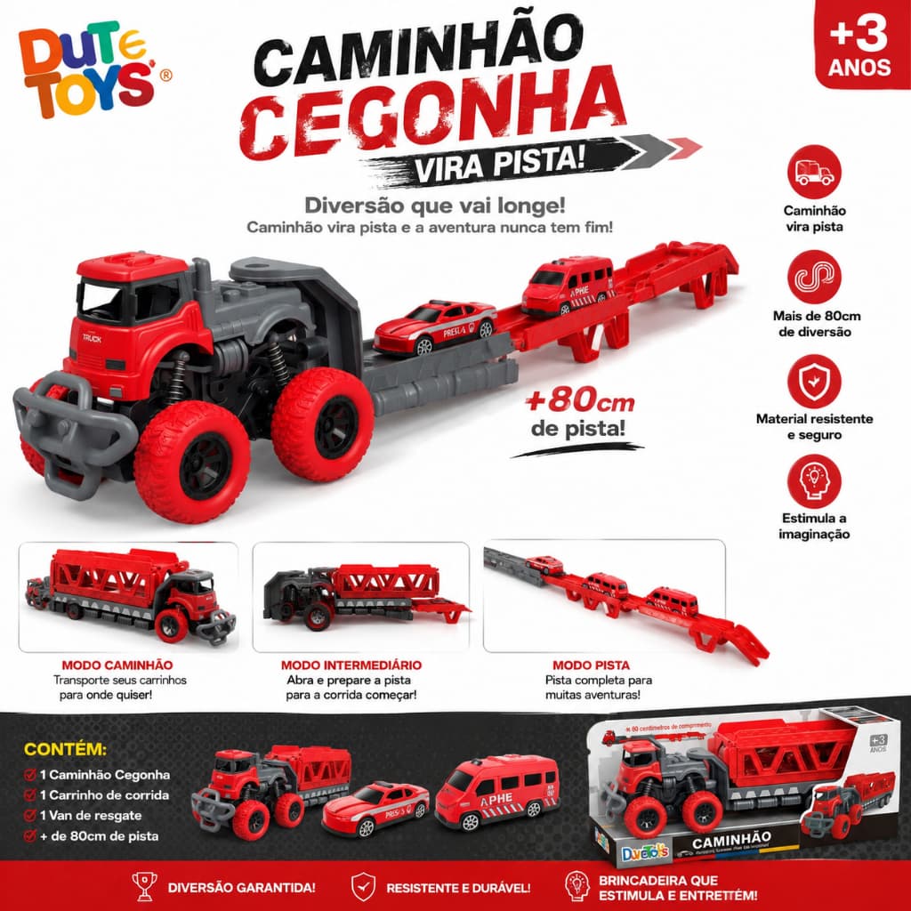 Caminhão Cegonha Fricção Pista Lançador E 2 Carrinhos Brinquedo Menino