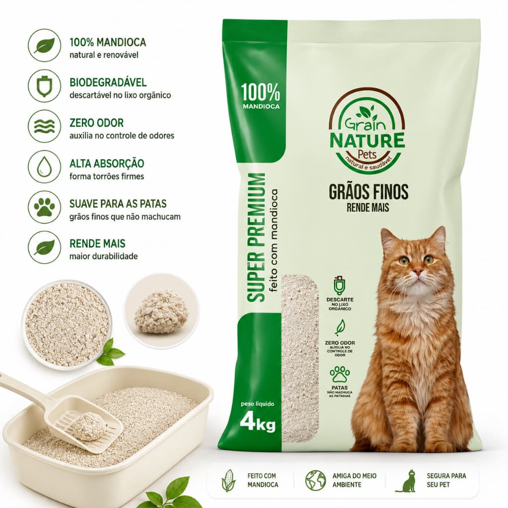 Areia Higiênica Super Premium Grain Nature 100% Mandioca 4kg | Grãos Finos e Biodegradável