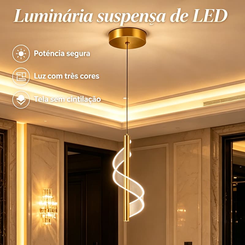 Pendente LED Espiral Dourado Três Tons de Luz, Cabo Regulável, Luminária Moderna para Mesa Cabeceira Ilha Cozinha
