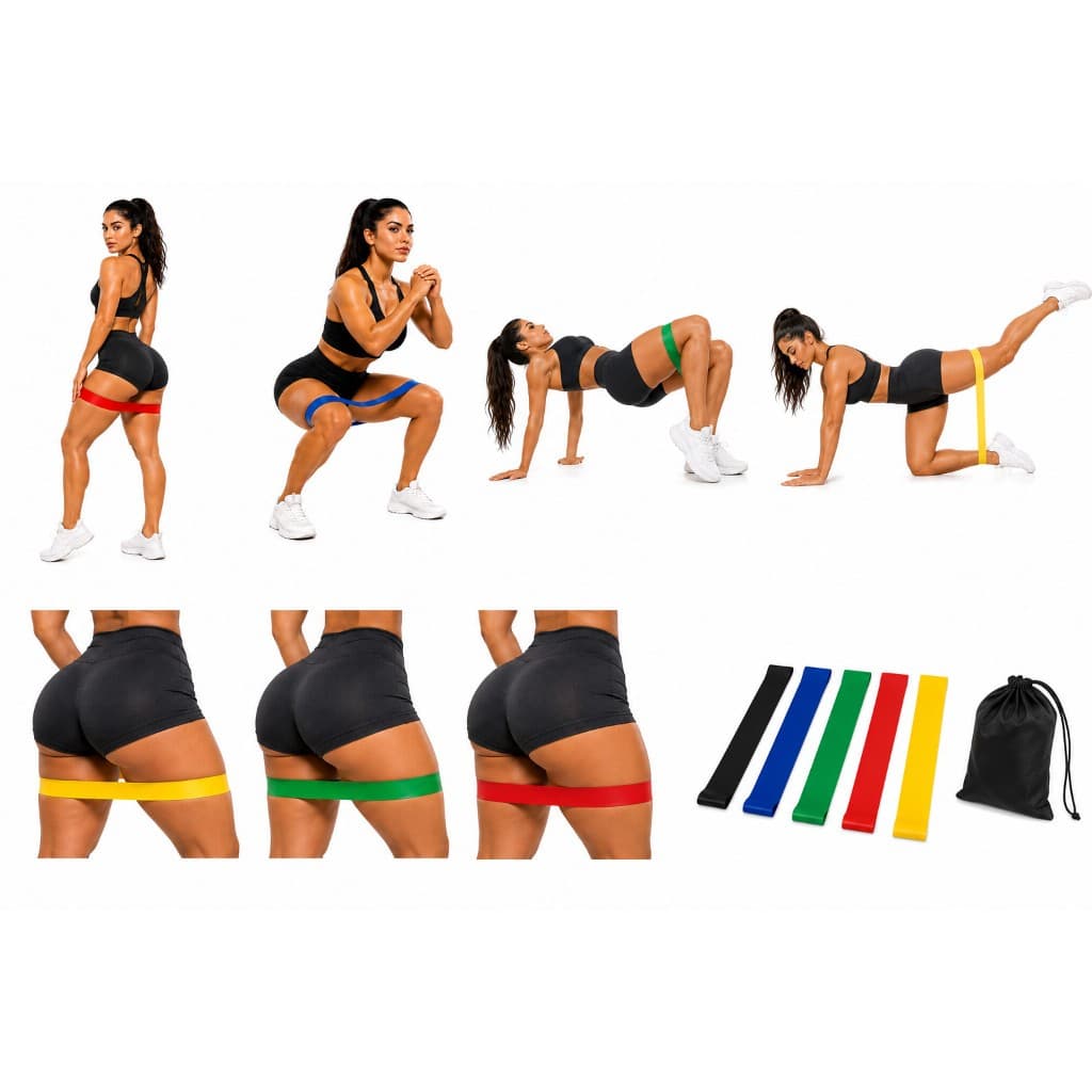 Kit Treino 5 Elasticos Excercicios em Casa Levanta Bumbum Agachamento Gluteo e Coxas 5 Elasticos Colorido Academia