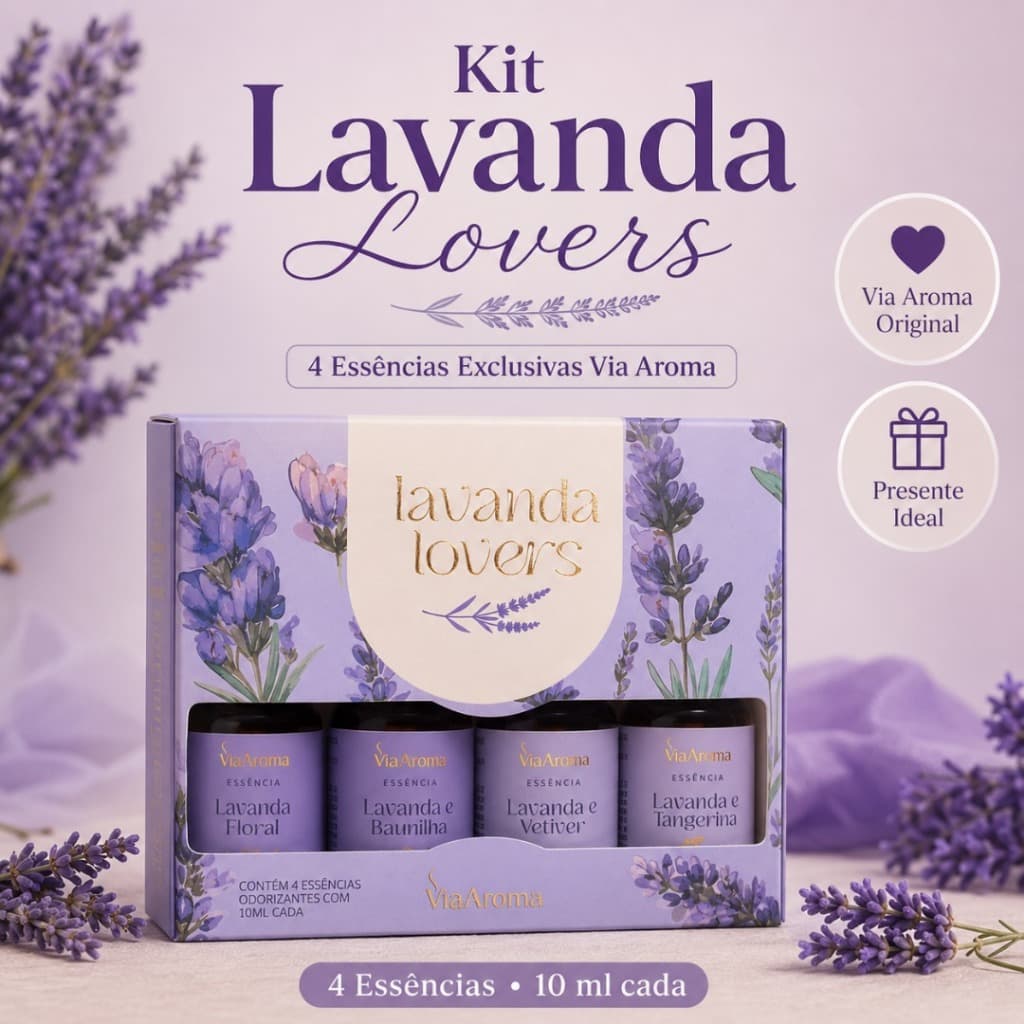 Kit 4 Essências Aromáticas Via Aroma Lavanda Lovers 10ml Original Difusor Elétrico Present
