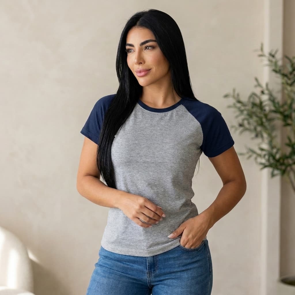 Camiseta Raglan Feminina 100% Algodão – Respirável, Confortável, Estilo Casual – P ao GG ao GG