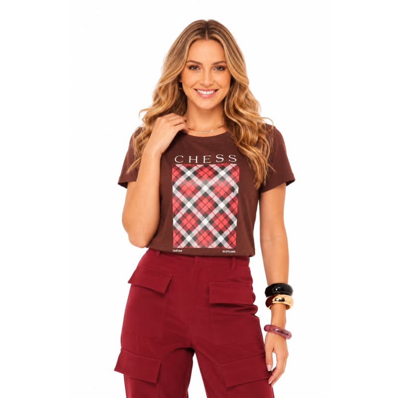 T-Shirt Feminina Estampa Xadrez Viscolycra Tamanho Único Blusa Básica Casual