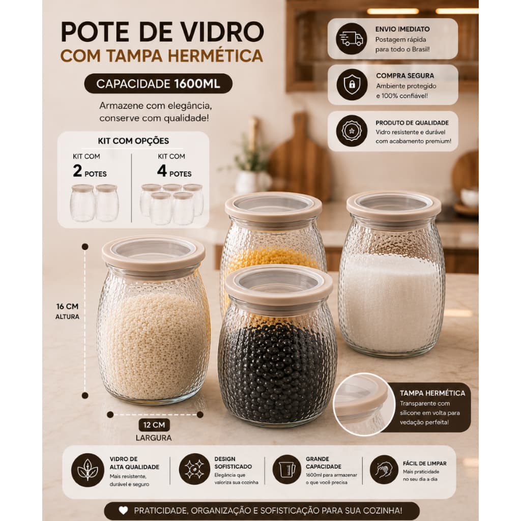 KIt com 2 ou 4 Potes de Vidro com Tampa Hermética para Mantimentos e Biscoitos 1600ml