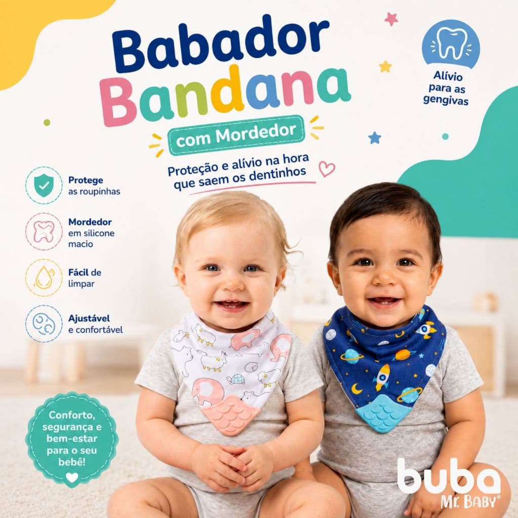 Babador Bandana com Mordedor Ajustável Tecido Algodão Buba