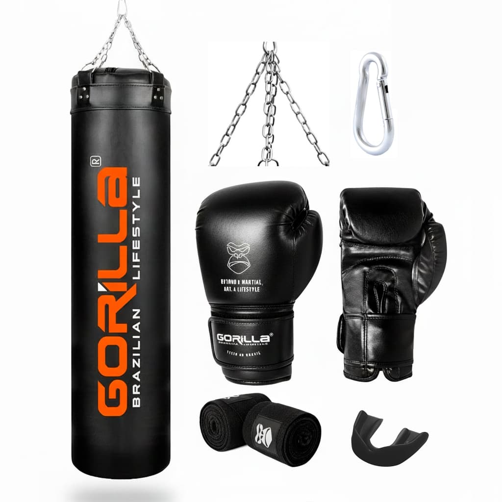 Saco de Pancada 160cm Gorilla Profissional+Luva de Boxe 12OZ +Bandagem elástica 3mts+ Protetor Bucal