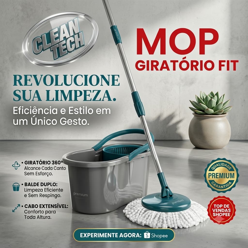 Mop Giratório 360º com Balde Duplo Cabo Ajustável e Esfregão Absorvente de Microfibra Limpeza Rápida