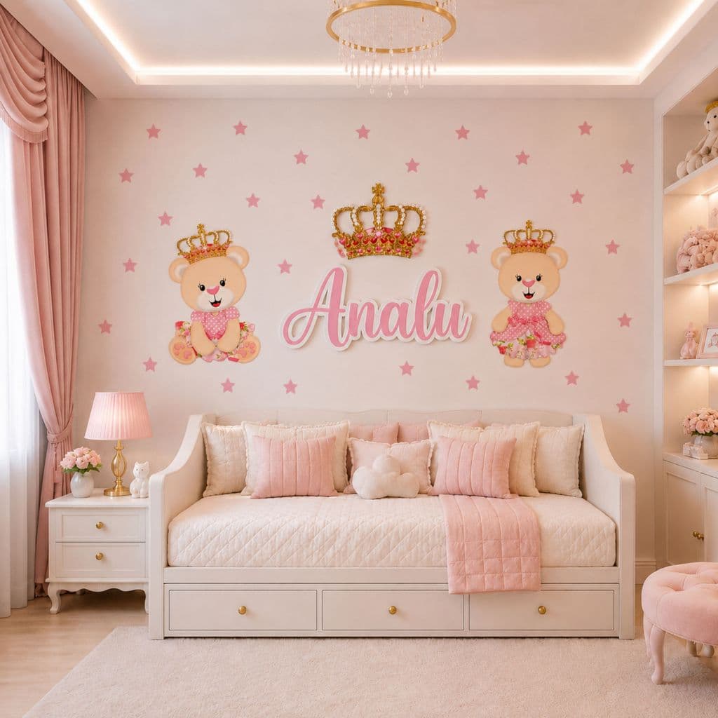 Kit Adesivo de Parede Ursinha Princesa Nome Personalizado - Papel de Parede Menina - Adesivo de Parede Infantil