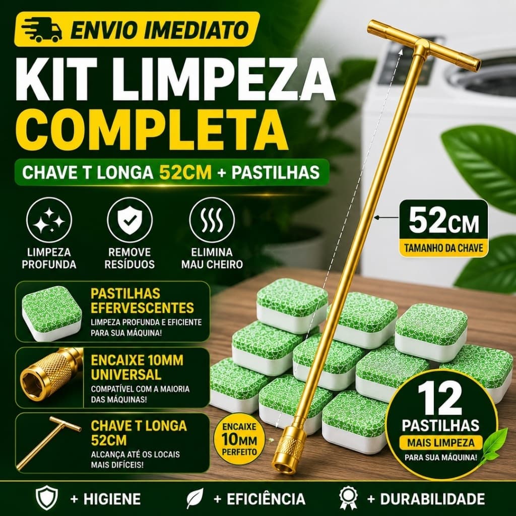 Kit Completo Limpeza Máquina de Lavar Universal – Chave T 62cm + Pastilhas Efervescentes