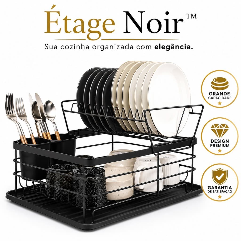 Escorredor de Louças 2 Andares Grande Capacidade Preto Fosco com Porta Talheres e Bandeja Coletora | Étage Noir™
