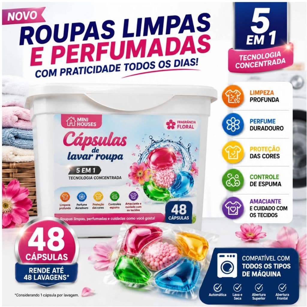 Sabão em Cápsulas 5 em 1- 48 Unidades Lava Roupas Floral Todos os Tipos de Máquina | Limpeza Profunda Perfume Duradouro