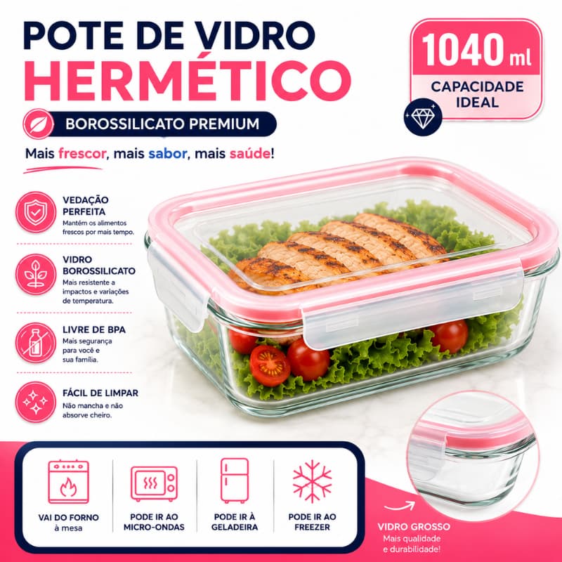 Pote de Vidro Hermético 1040ml Refratário Borossilicato Tampa com Travas Marmita Vidro |FEN5749| Oferta
