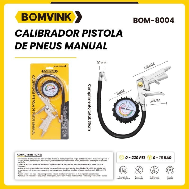 Calibrador de Pneus Manual Tipo Pistola Medidor de Pressão com Mangueira