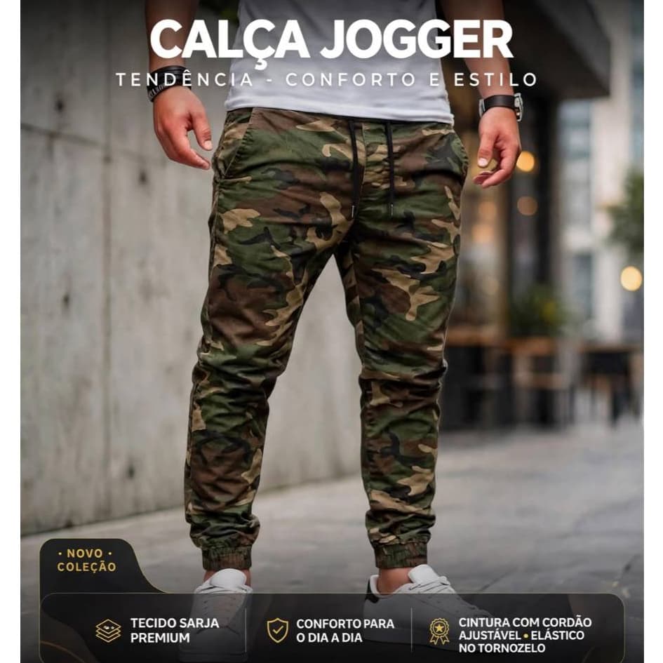 Calças Jogger Sarja Camuflada  Aposte na Tendência de Moda Masculina Calça Do Exercito Com Bolsos