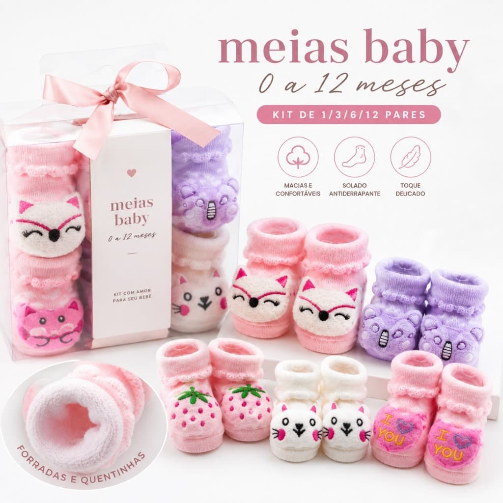 Kit Meia Bebê Menina 3D Fofura Conforto Antiderrapante Macia Delicada E Proteção Para Os Pezinhos