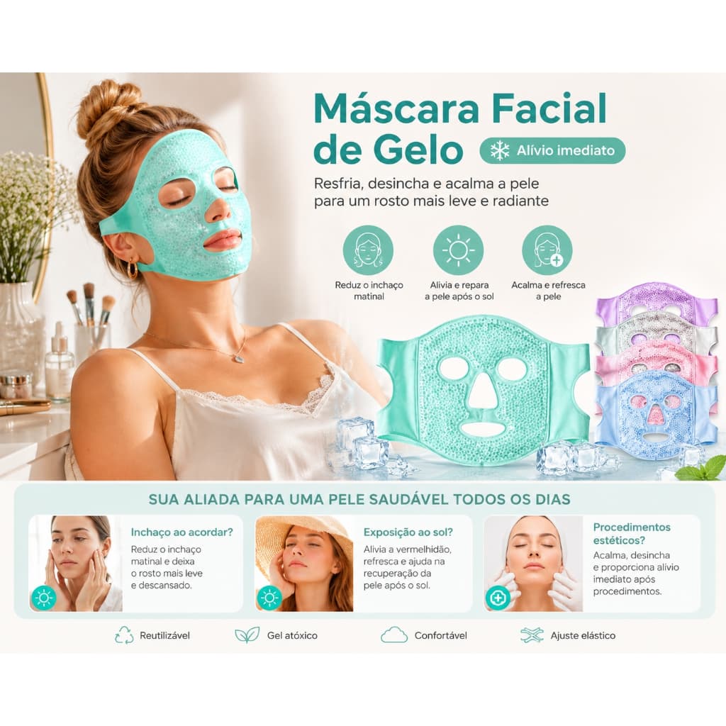 Máscara de Gelo Facial Gel Reutilizável, Compressa Fria para Diminuir Inchaço Facial, Relaxamento para Pele Pós Maquiage