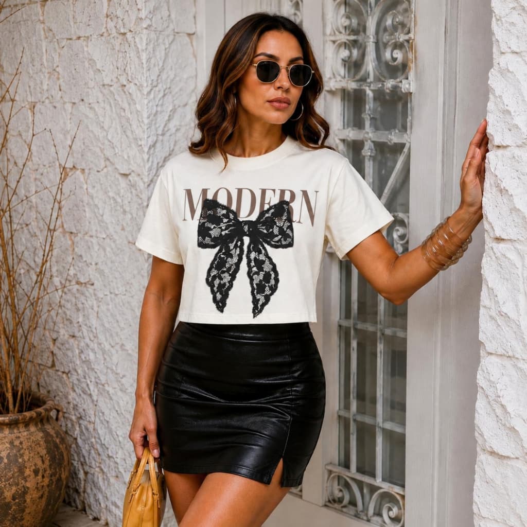 Camisa T-shirts Cropped Feminino Lacinho Estampado Algodão 100%