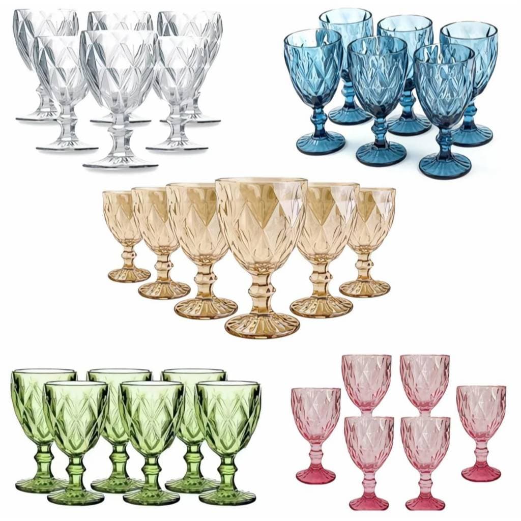 Jogo 6 Taças Vidro Premium Diamond 340ml Conjunto Mesa Posta Água Suco Cozinha Decoração Presente Azul Verde Cinza Rosa