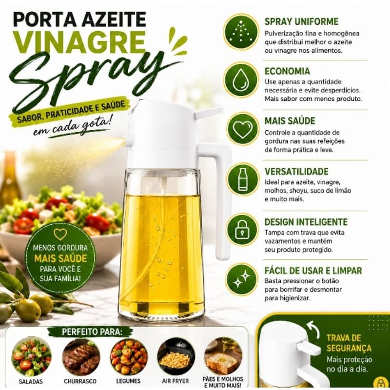 Porta Azeite e Vinagre Spray em Vidro com Borrifador Pulverizador 470ml