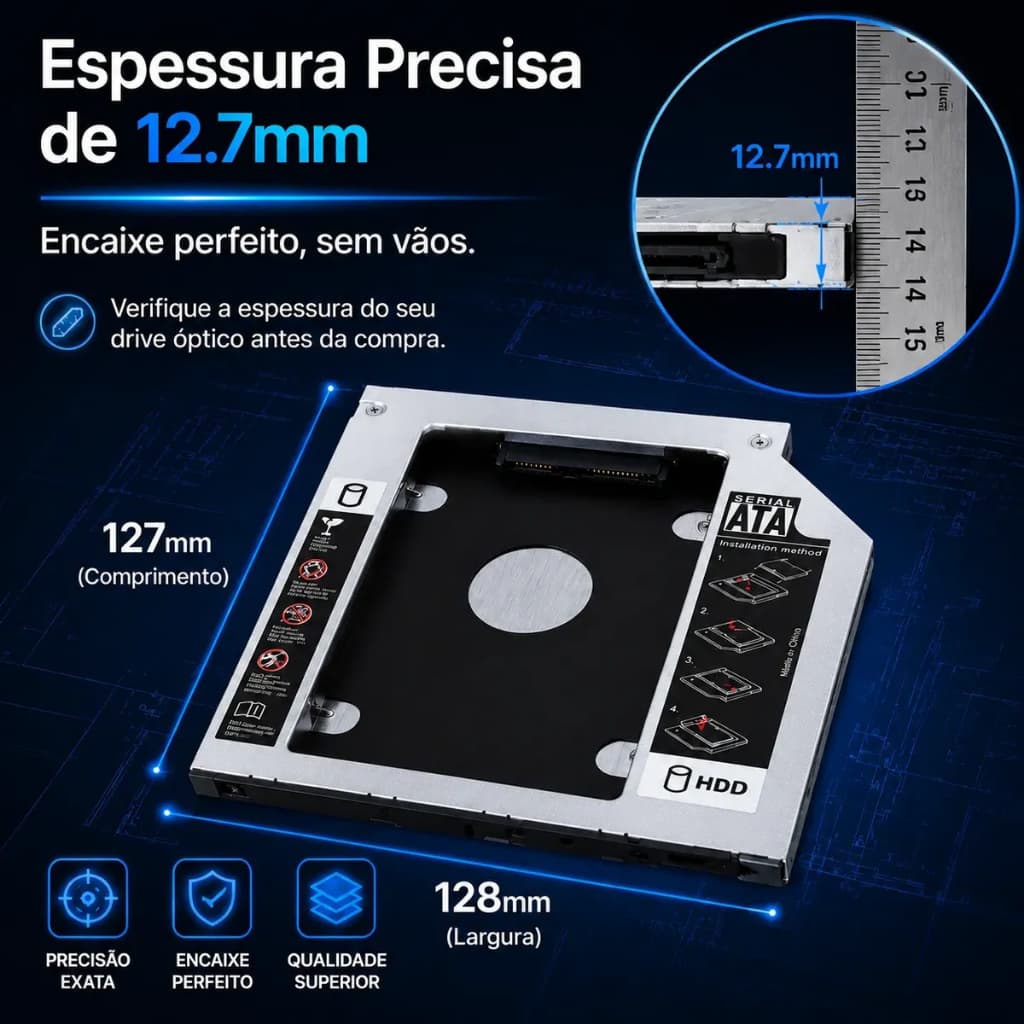 Case Caddy Gaveta Suporte Para HD Notebook Com Conector SATA E Adaptador Para SSD