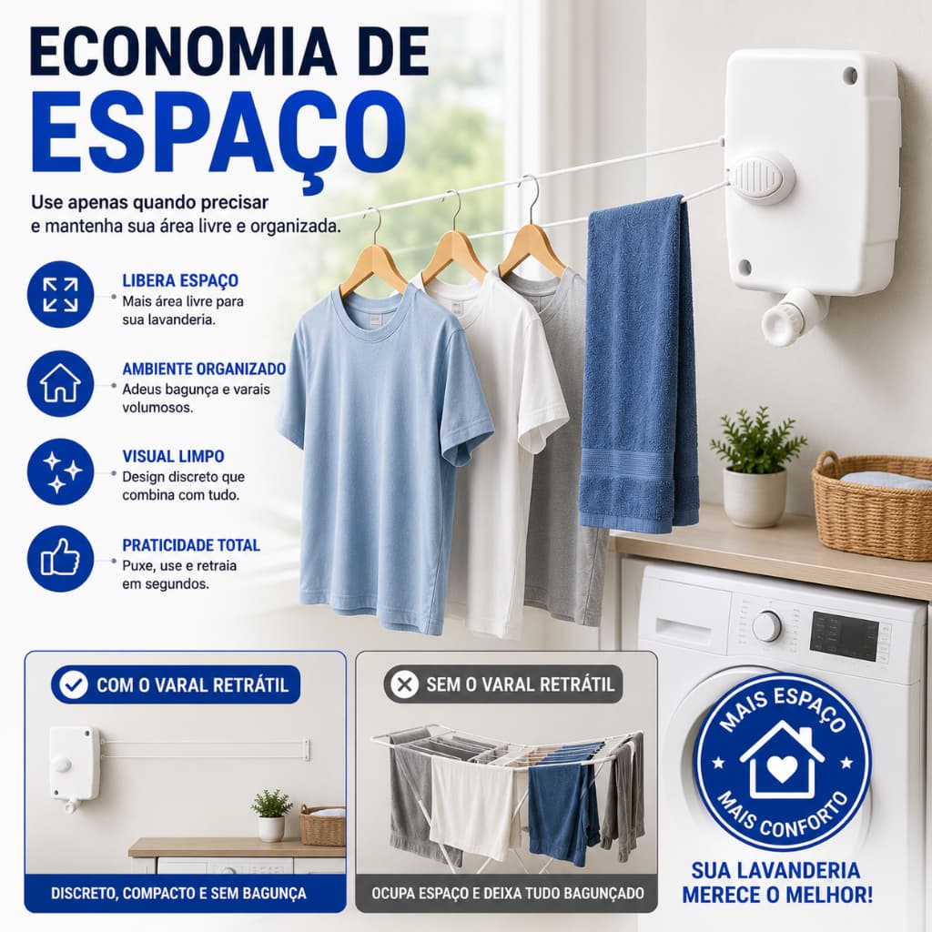Varal Retrátil Automático 6 Metros De Parede Modular Compacto Economia de Espaço Fácil Instalação