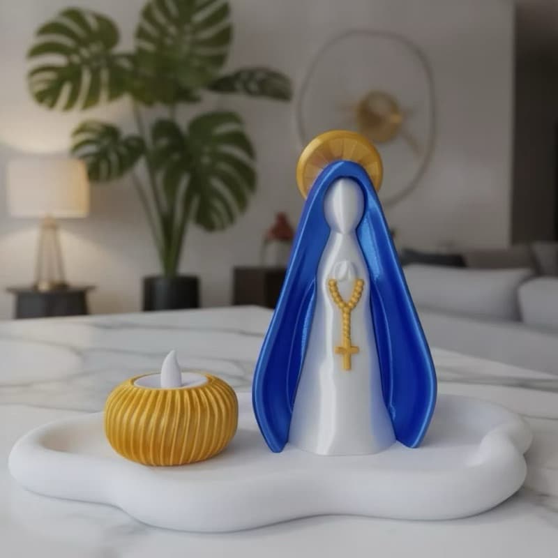 Kit Decorativo Nossa Senhora Aparecida com Vela LED | Enfeite Religioso para Sala, Quarto e Escritório